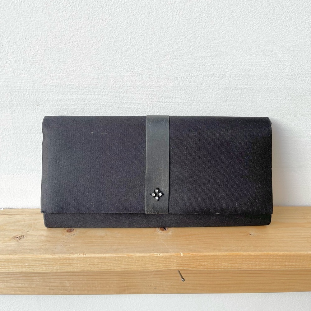 Black Satin Rhinestone Detail Clutch Purse with Extra Long Crossbody Strap